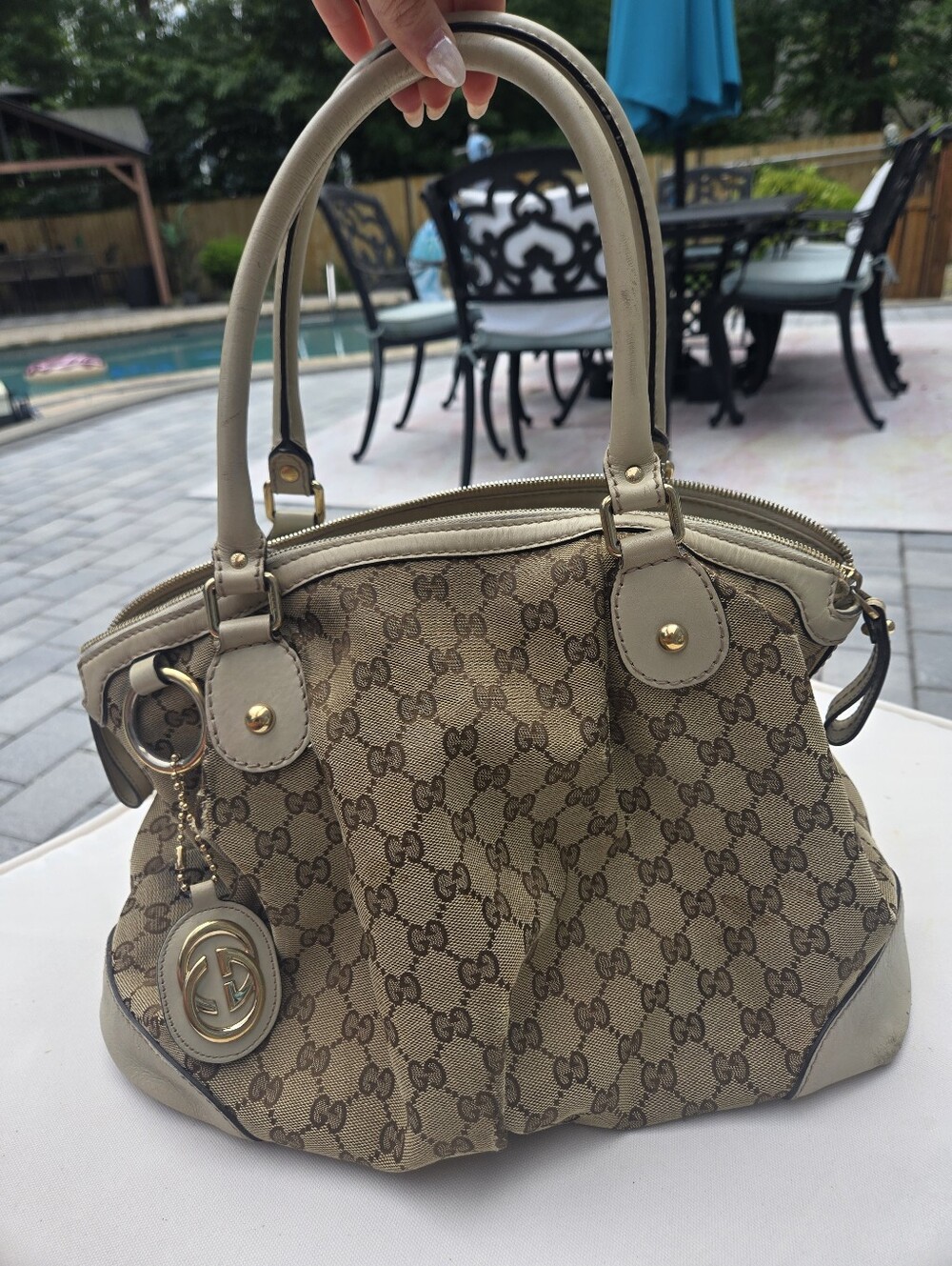 Gucci Tan GG Canvas Satchel with Light Tan Leather Trim